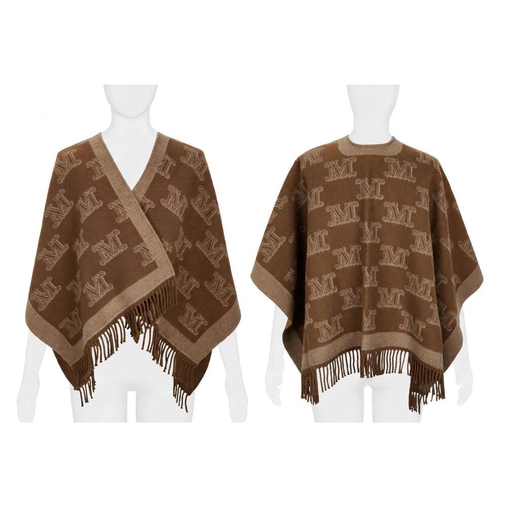 Brown Beige Monogram Fringe Poncho Cape - Oversized Warm Wrap One Size
